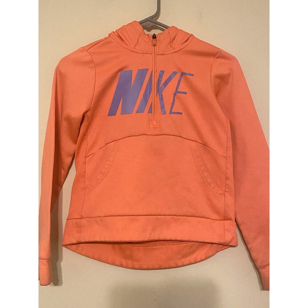 Nike Girl's Therma Graphic 1/4‎ Zip Pullover Hoodie Coral Pink Orange Size Large